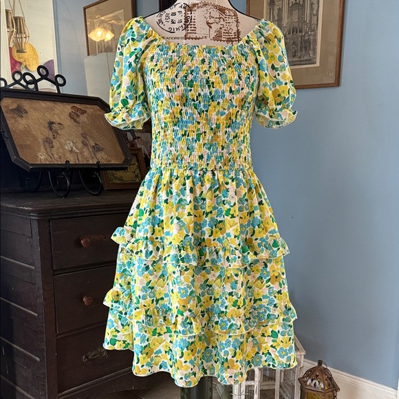 Kirundo Blue and Yellow Floral Print Smocked Puff Sleeve Off Shoulder Dress - Picture 6 of 14